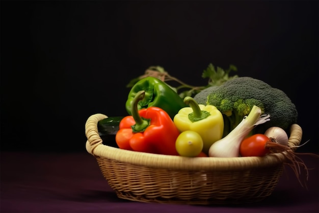 Una canasta de verduras en una mesa