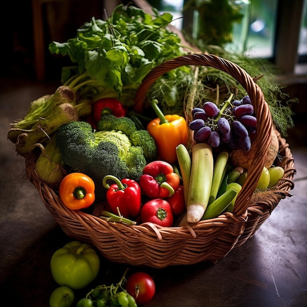 una canasta de verduras que incluye brócoli, tomates y pimientos.