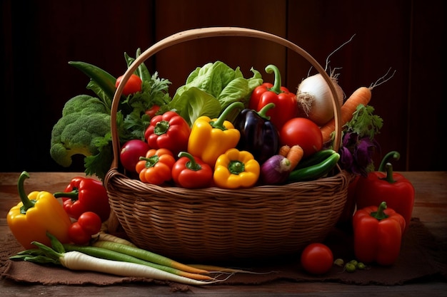 una canasta de verduras que incluye pimientos, cebollas y pimientos.