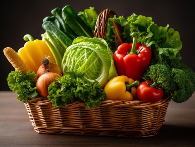 una canasta de verduras que incluye tomates, lechuga, pimientos y pimientos.