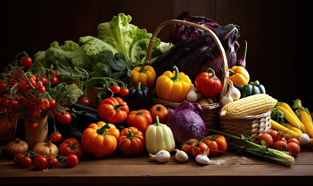 una canasta de verduras que incluye tomates, maíz, maíz y maíz.