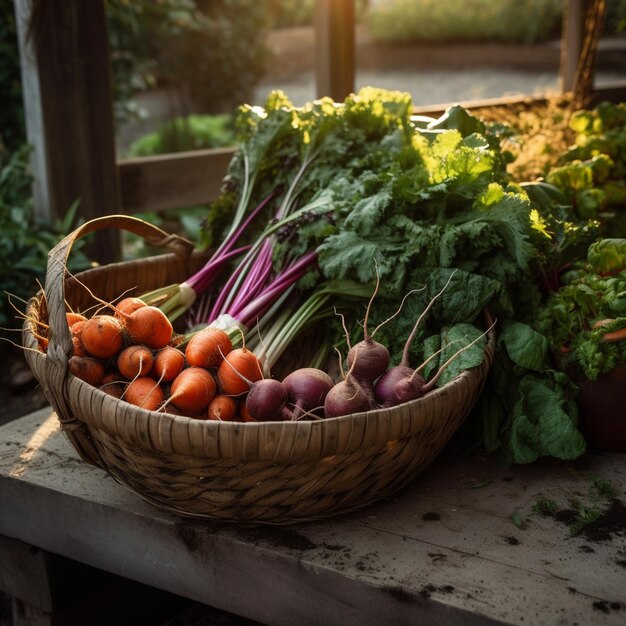 Una canasta de verduras con rábanos