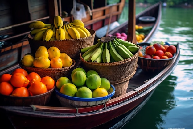 Foto canastas de frutas vibrantes en botes flotantes tradicionales en el mercado ai