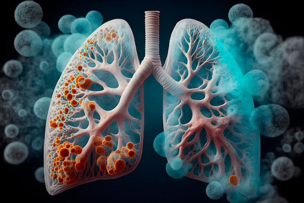 Cáncer humano con pulmones del sistema respiratorio con anatomía de alvéolos