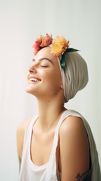 Câncer mulher branca careca sorrindo usando coroa de flores Dia Mundial do Câncer