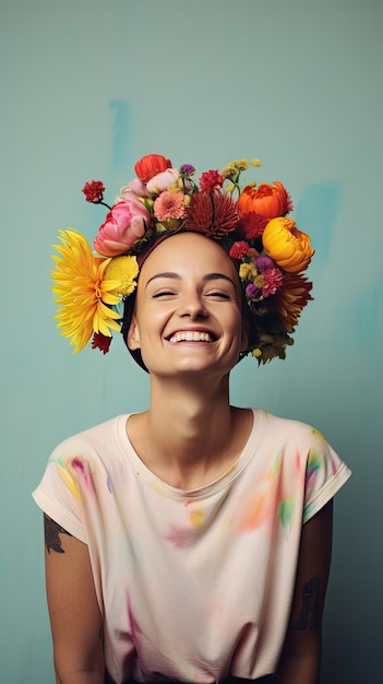 Câncer mulher branca careca sorrindo usando coroa de flores Dia Mundial do Câncer