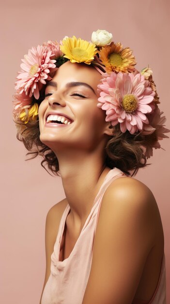 Foto câncer mulher branca careca sorrindo usando coroa de flores dia mundial do câncer