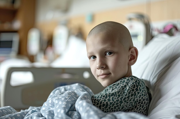 Un cáncer de niños calvos en una habitación de vista general del hospital