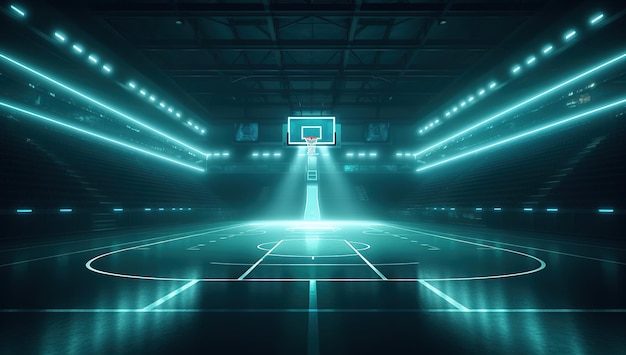 Una cancha de baloncesto con un aro y luces.