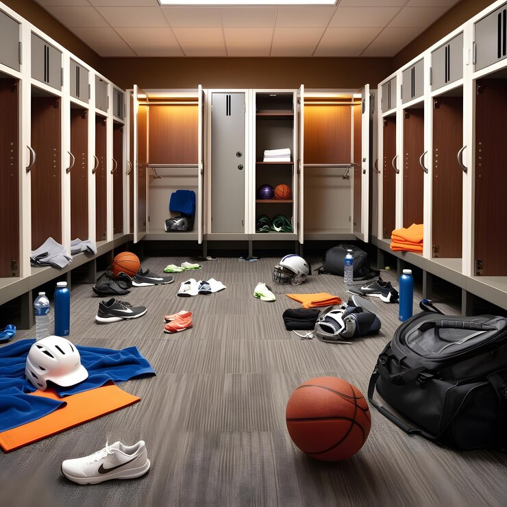 una cancha de baloncesto con una bolsa azul en el suelo y una bolsa azul En el suelo