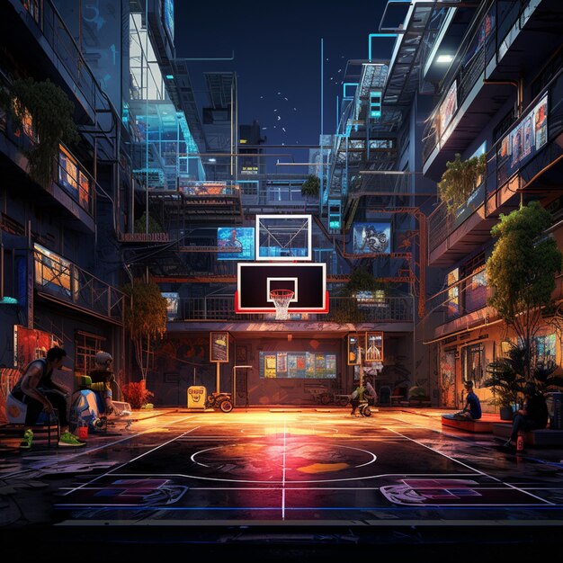 cancha de baloncesto en una ciudad por la noche con luces de neón generativas ai