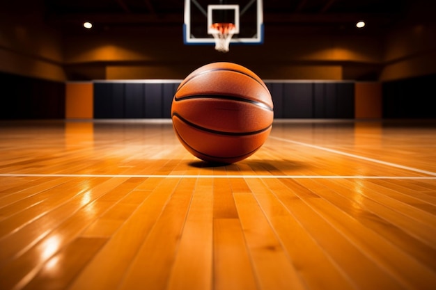 Una cancha de baloncesto cubierta con una pelota naranja en un piso de madera sin marca bajo iluminación