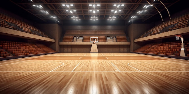 Cancha de baloncesto del estadio con suelo de madera y gradas con IA generada