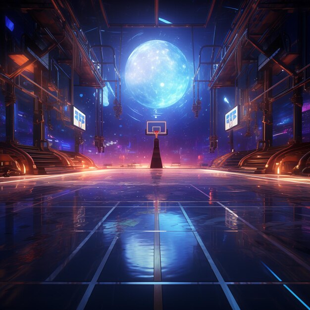 Foto una cancha de baloncesto futurista en gravedad cero iluminada por luces de neón estilo arte digital