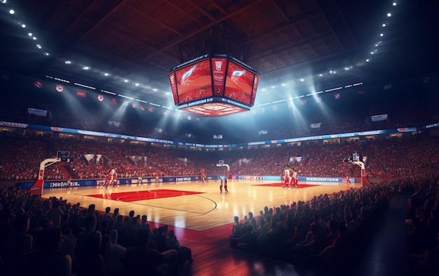 Cancha de baloncesto con gente fan Arena deportiva Fondo de renderizado 3d fotorrealista