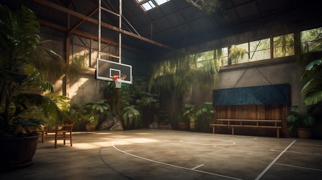 Una cancha de baloncesto en un gimnasio de la selva con un aro de baloncesto y una pared verde.