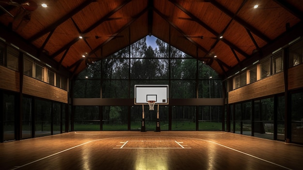 Una cancha de baloncesto con una gran ventana que dice aros de baloncesto.