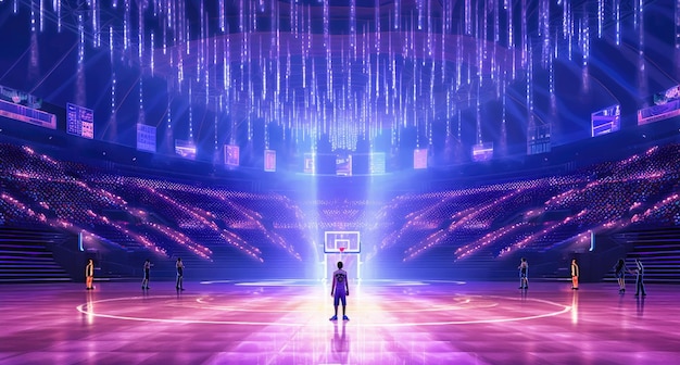 Cancha de baloncesto en la iluminación de la cancha al estilo de escenas de espectadores de multitudes IA generativa