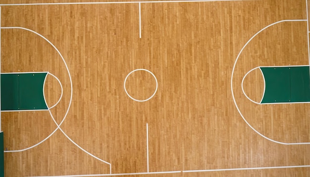 una cancha de baloncesto con una línea roja y un baloncesto en el medio