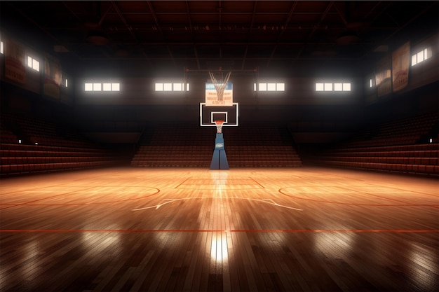 cancha de baloncesto con luces de suelo de madera reflejan