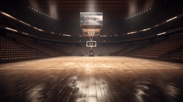 Una cancha de baloncesto con un marcador en el medio.