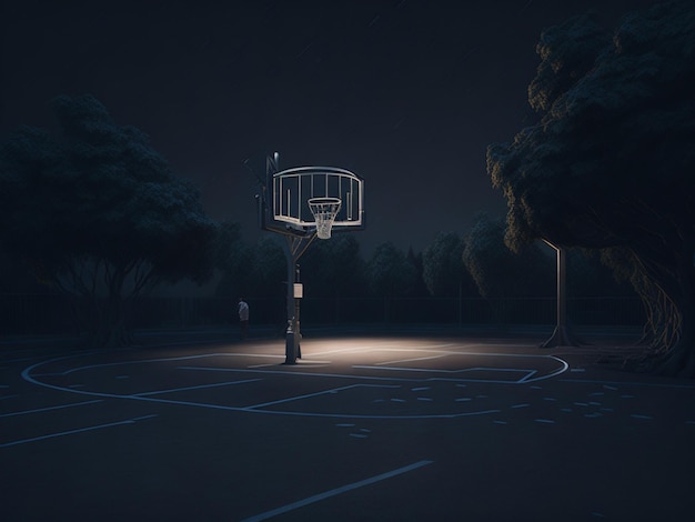 Cancha de baloncesto por la noche con aro de baloncesto y árboles