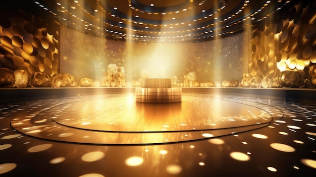 Una cancha de baloncesto con un podio en el centro y una luz dorada en el suelo.
