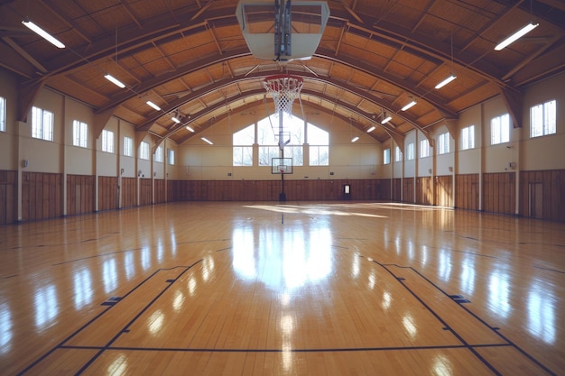 Foto una cancha de baloncesto que muestra un anillo de balonceso en el centro de la cancha una cancha de baloncesto dentro de un amplio gimnasio generado por ia