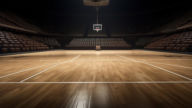cancha de baloncesto vacía con piso de madera e iluminación generativa ai