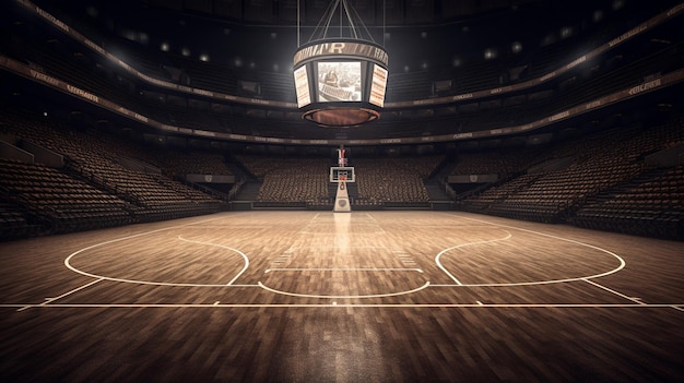 cancha de baloncesto vacía con piso de madera e iluminación generativa ai