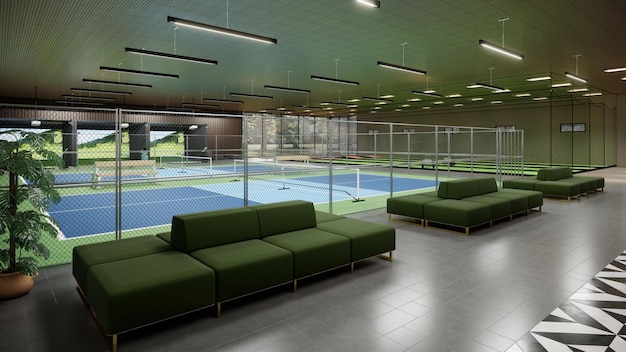 cancha de pickleball en el interior renderizado en 3D