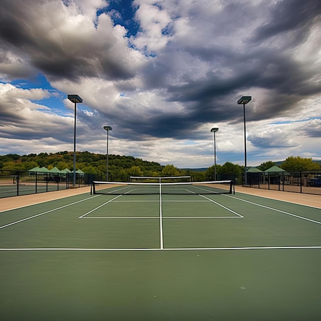 Cancha de tenis con cielo y nubes espectaculares