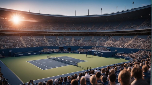 una cancha de tenis con una multitud viendo el juego.