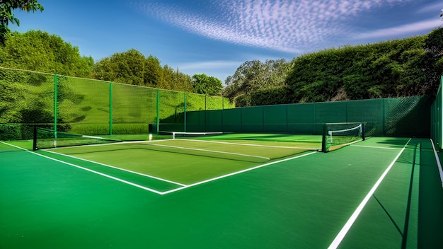 Una cancha de tenis con una pared verde y una cancha de tenis con una red.