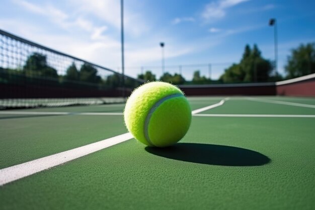 Cancha de tenis con raqueta y pelota, nadie alrededor