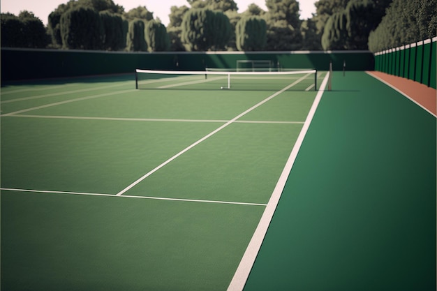 una cancha de tenis con una red y árboles al fondo