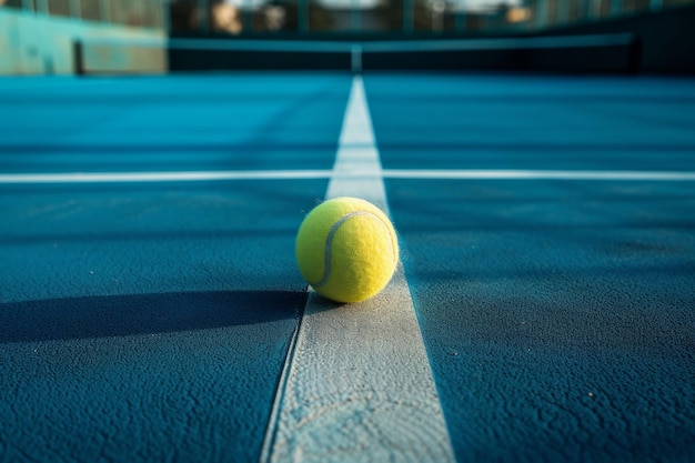 Una cancha de tenis vacía con una pelota de tenis lista para tus palabras.