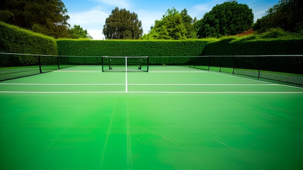 Una cancha de tenis verde con una cerca y árboles al fondo.