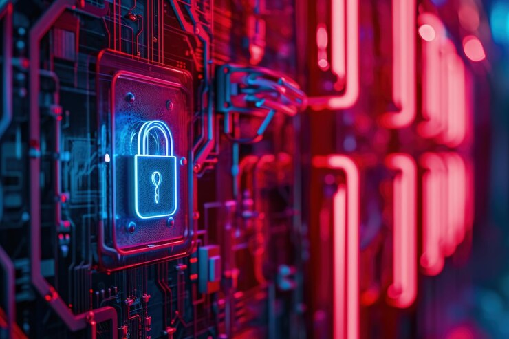 Candado de computadora con luces rojas y azules