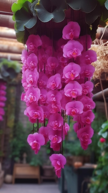Un candelabro colgante de orquídeas con flores rosas colgando del techo.