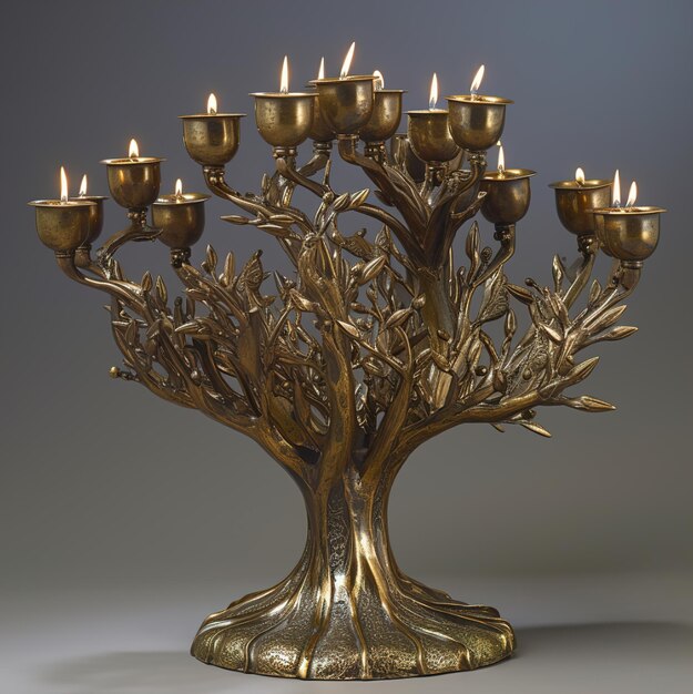 un candelabro dorado con un árbol encima