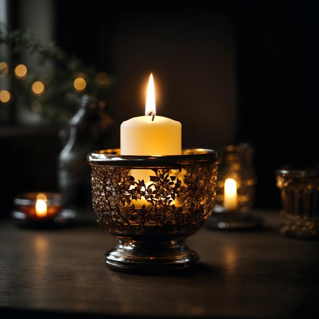 Candelabro iluminado a la luz de las velas en la oscuridad