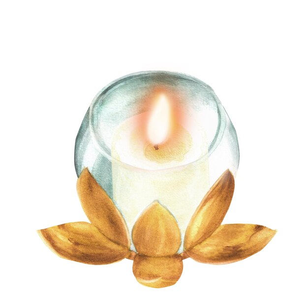 Candelabro de latón acuarela dibujado a mano con una vela encendida