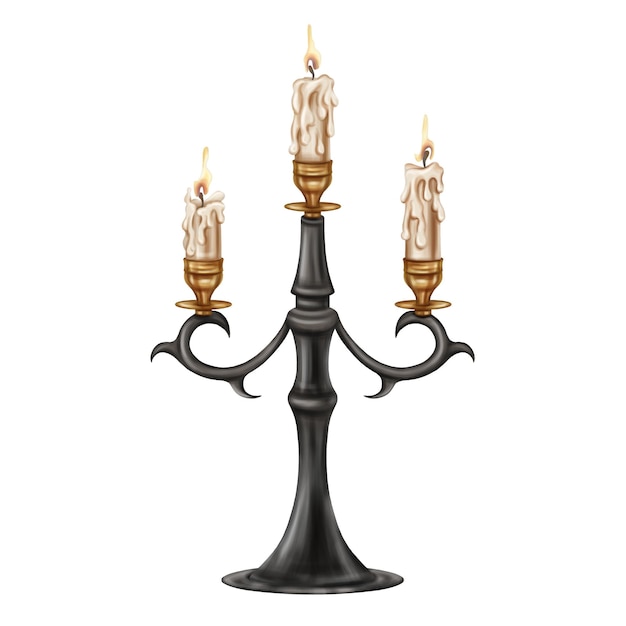 Candelabro de metal dorado y negro con una larga vela ardiente Decoración en gótico victoriano antiguo
