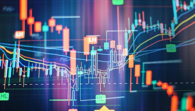 Candelabro de negocios Análisis estático financiero con gráficos financieros crecientes Comercio en línea Estrategia de inversión plan de mercado y fluctuaciones del mercado de valores Concepto