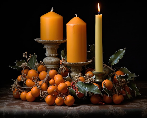 un candelabro con una vela y una corona de acebo.