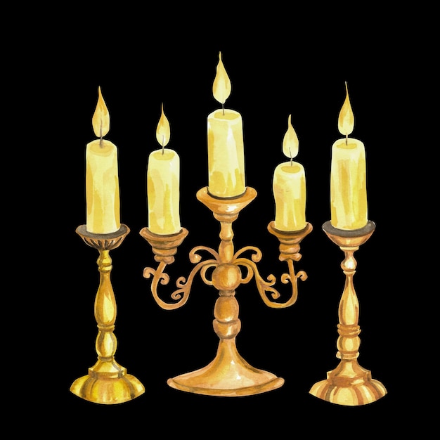 Candelabros de acuarela Ilustración de arte clip en un fondo negro esquema de color amarillo vintage