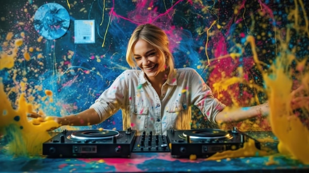 Candid un DJ emocionado joven mujer escandinava mezclando música en tocadiscos con auriculares generativo ai AIG32