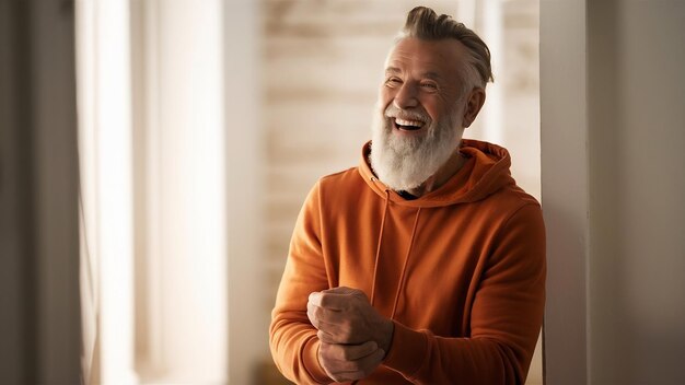 Foto candid feliz velho com longa barba elegante rindo e sorrindo olhando feliz vestindo moderno o