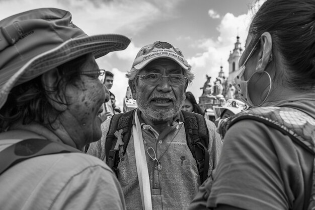 Foto candid ss de peregrinos compartiendo historias y camarada generativa ai